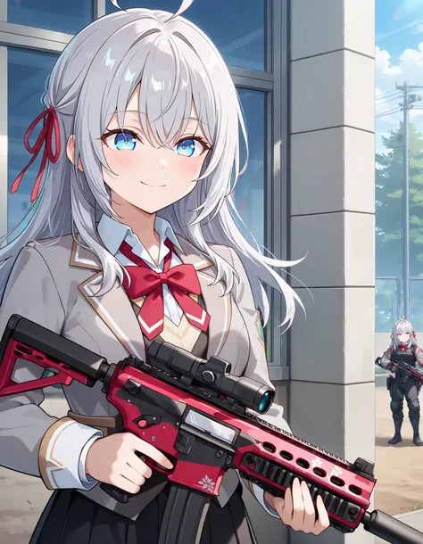 masterpiece, best quality, highly detailed, ultra high res, 1girl, alisa mikhailovna kujou, long hair, bangs, blue eyes, opened eyes, hair ribbon, ahoge, grey hair, red ribbon, medium breasts, skirt, shirt, long sleeves, bow, school uniform, jacket, white ...