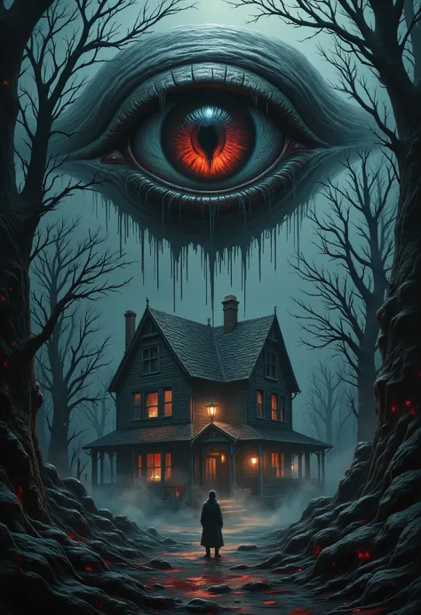 horror show, monster, nightmare, fear, Cinematic style, play of shadow and light, A dark fantasy, surreal horror composition featuring a large, sinister eye with detailed irises hovering over a haunted house. The scene is awash in blood red splatters and d...
