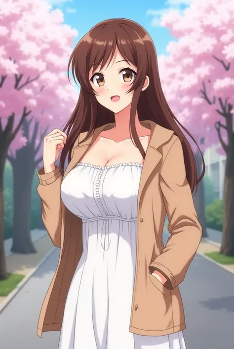 Generate an image of The image shows a woman with long brown hair, wearing a white dress and a beige jacket and has a big butt and big boobs.  She seems confident and smiling .  The background is a street with blossoming trees ,  suggesting an urban enviro...