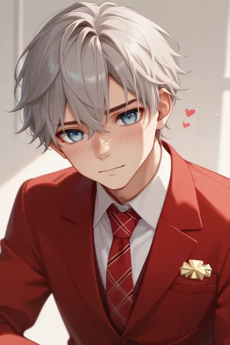 1 male、man、Kaida Haru、Alone、beige-gray hair、stupid hair、 short style 、 light blue eyes 、 valentine、sweet、 Chocolates、 cute red suit、 red ribbon、垂れた Chocolates、 tie、 heart、fleeting