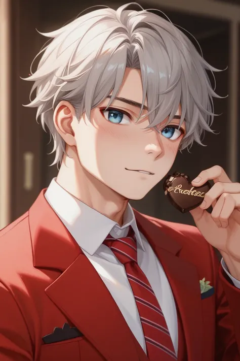 1 male、man、Kaida Haru、Alone、beige-gray hair、stupid hair、 short style 、 light blue eyes 、 valentine、sweet、 Chocolates、 cute red suit、 red ribbon、垂れた Chocolates、 tie、 heart、fleeting