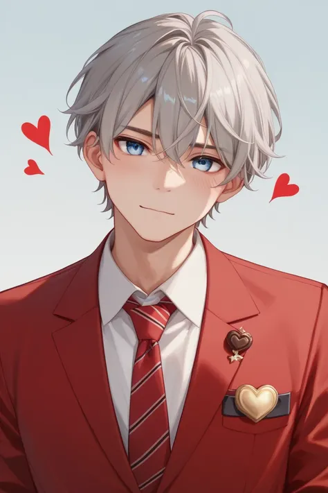 1 male、man、Kaida Haru、Alone、beige-gray hair、stupid hair、 short style 、 light blue eyes 、 valentine、sweet、 Chocolates、 cute red suit、 red ribbon、垂れた Chocolates、 tie、 heart、fleeting