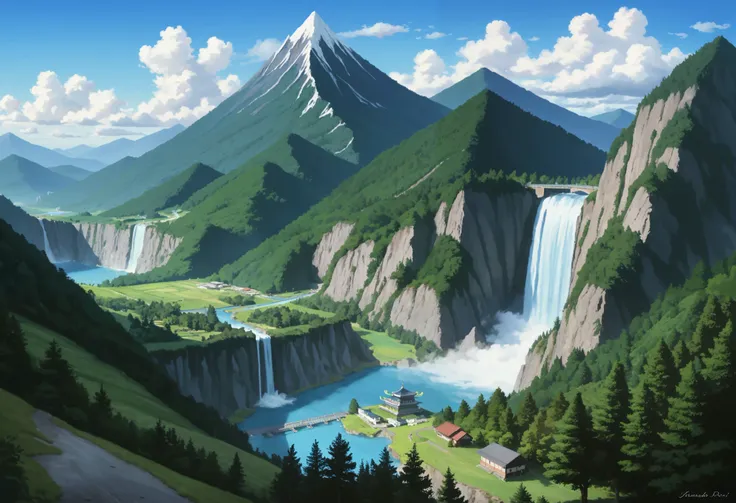 Paintings of mountains with waterfalls and waterfalls in the foreground , Beautiful painting, 夢のような Landscape,  Landscape,  beautiful 4K art, Majestic Painting, mount Fuji on the background, mount Fuji,  Magnificent Paintings by Thomas Dalziel ,  m . Fuji,...