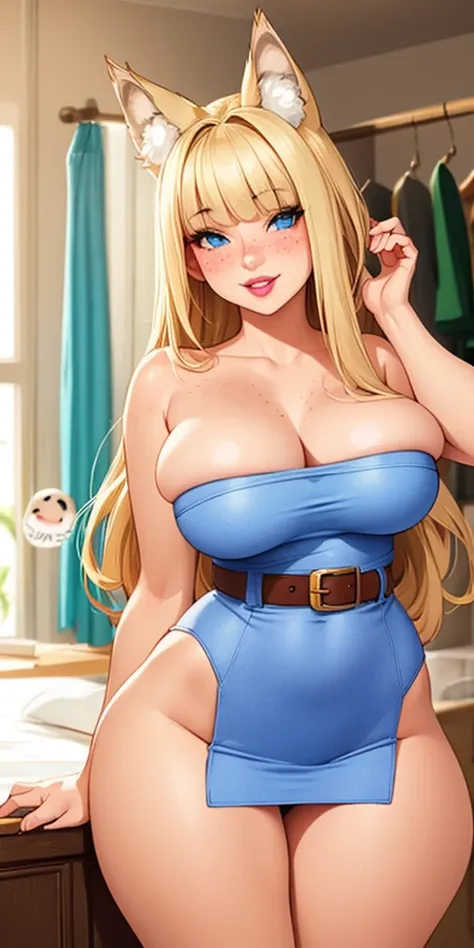 Beautiful round large breasts, 1girl, ((blonder hair, bangs cover the eyes)) ((wolf girl, cute girl face)) light blue eyes, has an beautiful sensual body with freckles, with full breasts and thin waist, HIP HOP Beautiful and cute colorful fuzzy dress, wome...