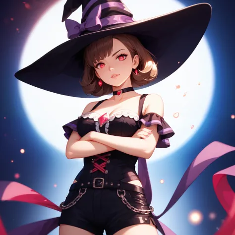 A digital illustration shoot from a frontal camera angle about a character dressed as a witch with a confident pose, standing in the middle of the image with her arms crossed.  the image features a young woman with fair skin and long brown hair, wearing a ...