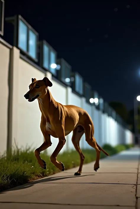 Um Greyhound amarelo, running on a sidewalk ,  front view.  There is an extensive white wall with some windows at the top, with vitrored windows . It&#39;s night, The sky is black and full of stars. hyperrealistic.