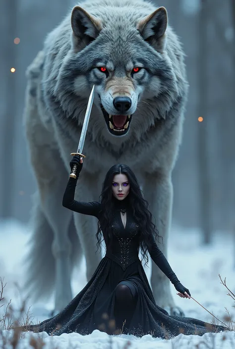 ( photorealism:1.2),  a beautiful white woman with long wavy black hair and purple eyes ,  your expression is more ferocious .  She's kneeling and raising her mystical sword ,  she's wearing a black dress because she's the queen of mystical beasts. And a b...