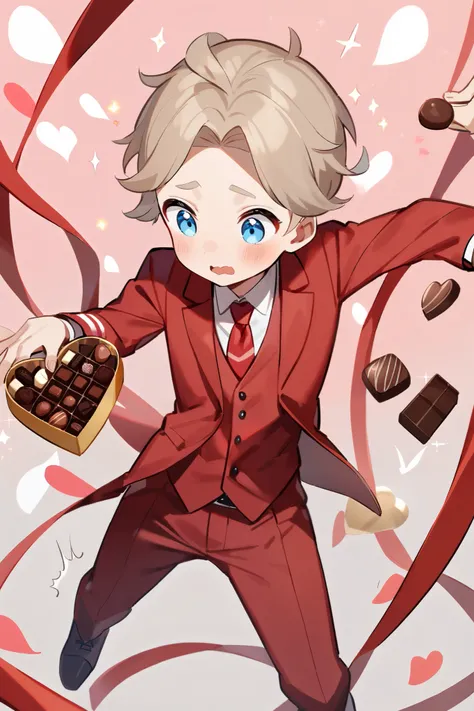 1 male、man、Kaida Haru、Alone、beige-gray hair、stupid hair、 short style 、 light blue eyes 、 valentine、sweet、 Chocolates、 cute red suit、 red ribbon、垂れた Chocolates、 tie、 heart、fleeting