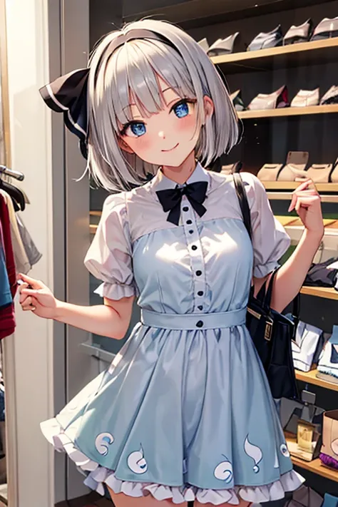 A soulful youmu who looks a little happy in front of the fitting room in a clothing store in the town in a stylish plain dress