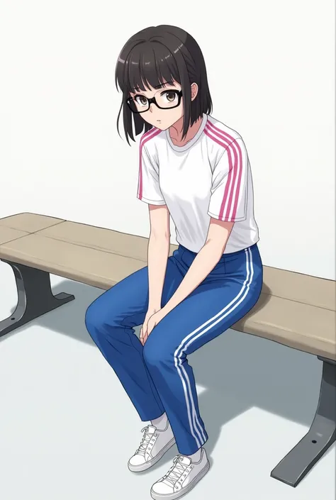 anime woman with black square glasses white shortsleeved shirt with pink three stripes on shoulder, blue adidas long pants with white three stripes and white shoes and white socks is sitting on the bench