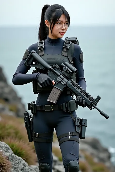 Beautifull japanese female with black ponytail ,wear scuba special force suit,turtleneck, standing hold gun, step on rock