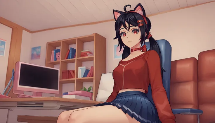 CrazyMita , , 1girl, , junkotvvxl ((cat girl, cat ears)), (red eyes), (long hair), (( black hair, (Ahoge), straight bangs,)),,, braids of hair, love de pelo roja, red choker , Red Jersey, folded blue skirt , hair ornament , sitting in a chair, ple...