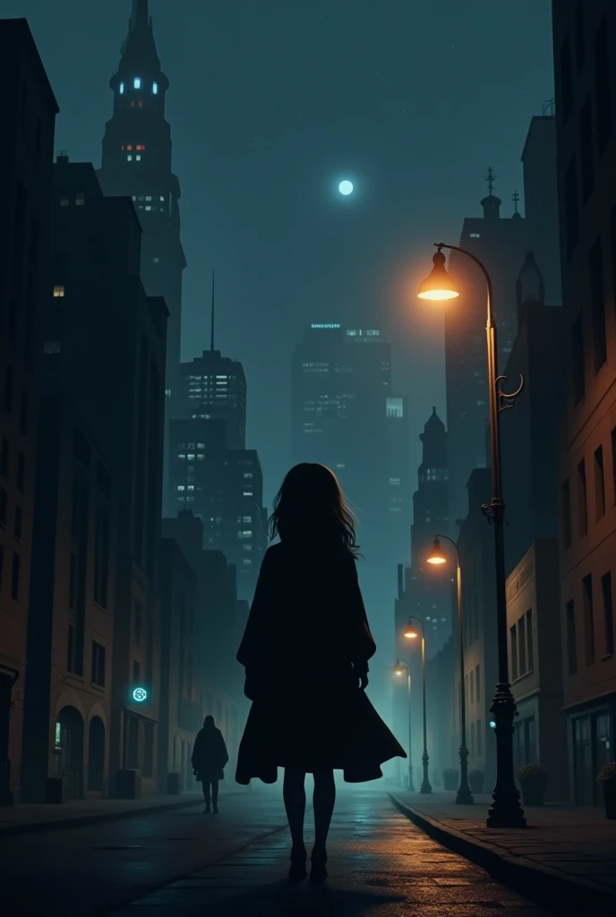 A mysterious city skyline at night, with Amari's silhouette standing under a streetlight. A guy in the dark with pair of piercing blue eyes loom in the darkness.