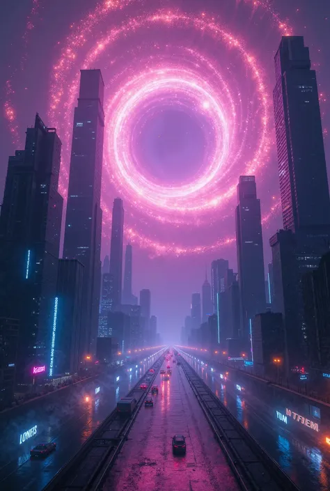  A cyberpunk metropolis advances through the dark of night ,  shrouded in a brilliant fog that reflects the neon chaos of the streets below .  Imposing skyscrapers rise like titans of glass and steel ,  bathed in pulsating lights in shades of purple and el...