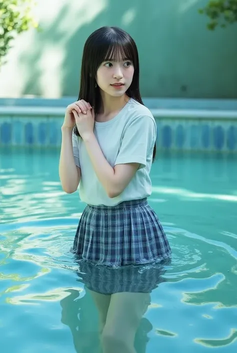  and she is staring thoughtfully at the side , Water accumulates up to the knee . She has been a long time,  has pure black hair with bangs 、 A young East Asian woman named Yuchan is standing in the pool {x} with a white short-sleeved blouse and I'm wearin...