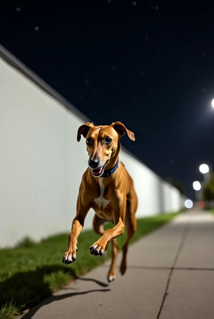 Um Greyhound amarelo,  running at high speed , on a sidewalk, Front view of the dog. There is an extensive white wall with no windows,  without doors . It&#39;s night, The sky is black and full of stars. hyperrealistic.