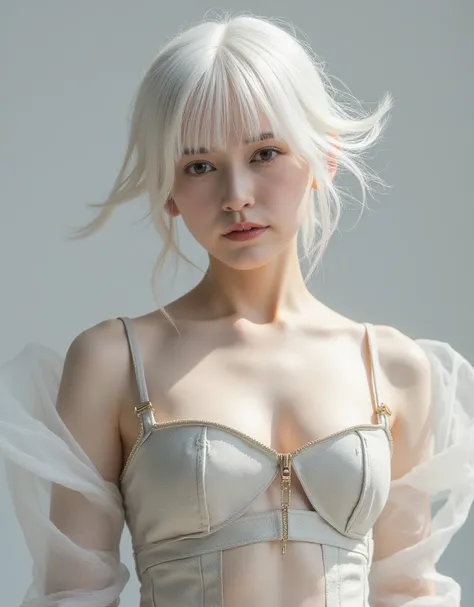 Bewitching Goddess, ((perfect anatomy:1.2, realistic:1.3, RAW Photography:1.3, masterpiece, highest quality, Ultra-High resolution, High resolution, Highly detailed CG, 8K)), image of a female siren, pixie cut hair, albino white hair, hair blowing in the w...