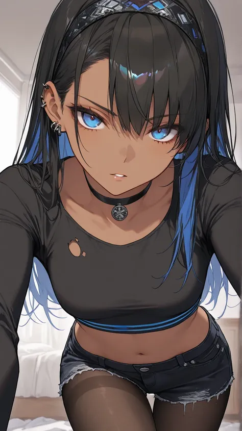 1Girl, Mature, Ebony, African American, Dark Skin, Long Straight hair, Shiny Hair, Jet Black Hair With Sky-Blue Highlights, Blue Eyes, Medium Chest, Black Long-Sleeve Crop Top With Blue Stripes, Black Ripped Pantyhose, Black Tight Cut-Off Jean Shorts, Blac...