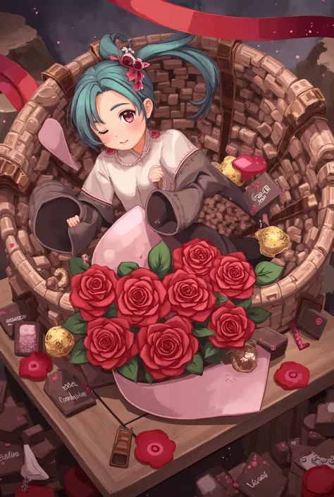 ( masterpiece、 top quality、 top quality、 Official Art、  beautiful and beautiful  :1.2)、( one girl:1.3) Hatsune Miku、 twin tails, on hands,  Exquisitely composed Realistic images of bouquets of crimson roses intertwined with various luxurious chocolates,  D...