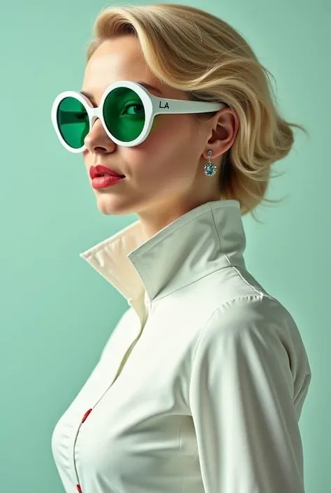 Je souhaite créer une annonce, bouteille de parfum futuriste, femme Italienne model blond, avec des lunettes gros carreaux de vert en blanc, vêtement combinaison blanc et liserai or, bouteille blanc et or "LA", arrière plan rouge, reflet bleu diamant