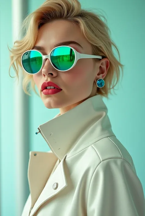 Je souhaite créer une annonce, bouteille de parfum futuriste, femme Italienne model blond, avec des lunettes gros carreaux de vert en blanc, vêtement combinaison blanc et liserai or, bouteille blanc et or "LA", arrière plan rouge, reflet bleu diamant