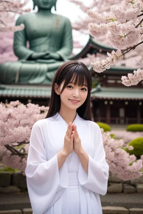  "Japanese-style beauty standing with the Great Buddha of Nara in the background。 A Japanese-style beauty with a quiet prayer light in her eyes 、 smile with a calm expression 。Cherry blossoms dance in the background 、 sacred atmosphere。"