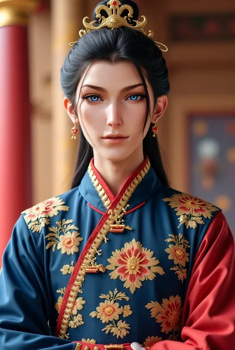 1 handsome Chinese guy. Half-pigtailed hair pulled back . Wearing a crown of hair on his head. Sharp eyes of sapphire color. handsome face . cute face .  smiling sweetly .  very handsome face .  A Royal Prince. Memakai hanfu sutra luxurious warna putih-nav...