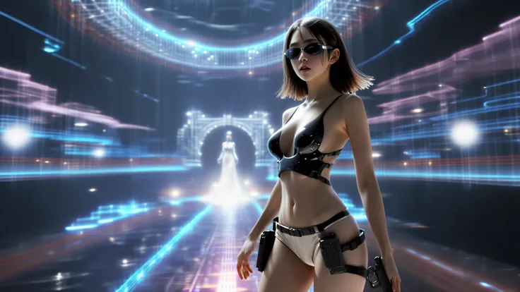 (Wide and low angle view). Ryoji Ikeda Style, High quality 3d background in matrix style, a simple outlined transparent maze mysterious city with a clock tower, waterfall. Unreal 5, hyper realistic, dynamic lighting, fantasy art. A woman, (wearing a transp...