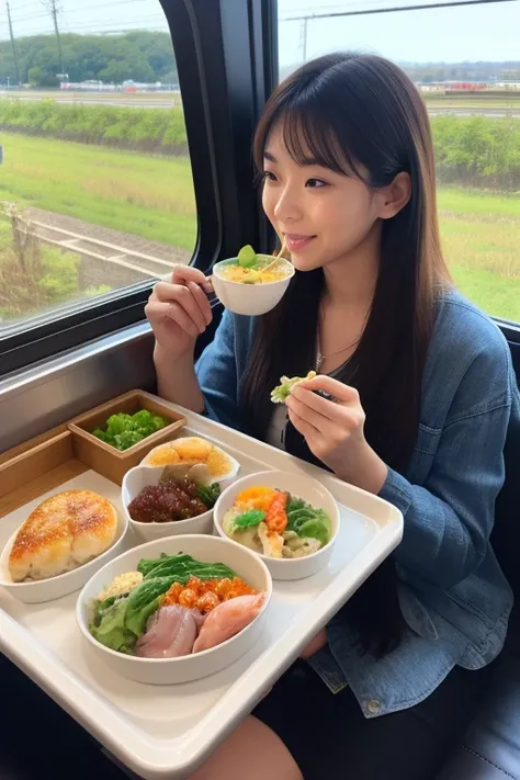 📅 April 10
Ekiben Day
Beautiful woman eating ekiben while looking out the bullet train window。Gorgeous seafood bento in hand 、 Countryside flowing in the background 。 Excitement of travel and gourmet atmosphere 。"