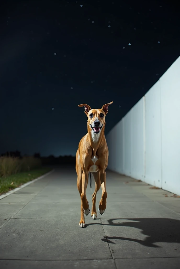 Um Greyhound amarelo,  running at high speed , on a sidewalk, Front view of the dog. There is an extensive white wall, very high, no windows,  without doors , With the tip of the roof tiles showing.. It&#39;s night, The sky is black and full of stars. hype...