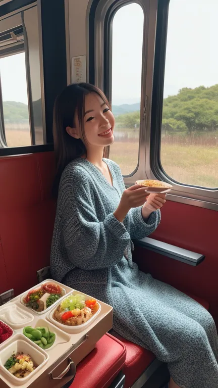 Ekiben Day
1 ️ ESG "A cheerful young woman with a cute travel outfit, sitting on a train seat, holding a beautifully arranged bento box. She looks excited as she prepares to enjoy her meal while watching the scenery. Cozy and warm, ultra-detailed."