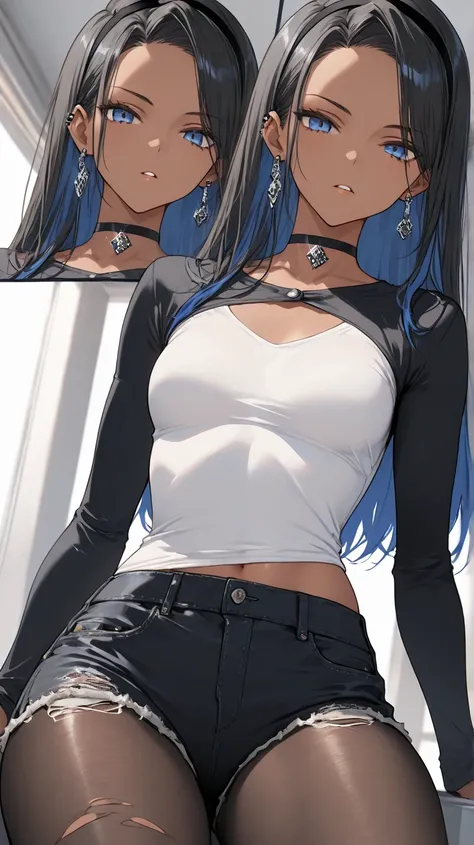 1Girl, Mature, Ebony, African American, Dark Skin, Long Straight hair, Shiny Hair, Jet Black Hair With Sky-Blue Highlights, Blue Eyes, Medium Chest, Black Long-Sleeve High-Cut Shirt With Blue Stripes, Black Ripped Pantyhose, Black Tight Cut-Off Jean Shorts...