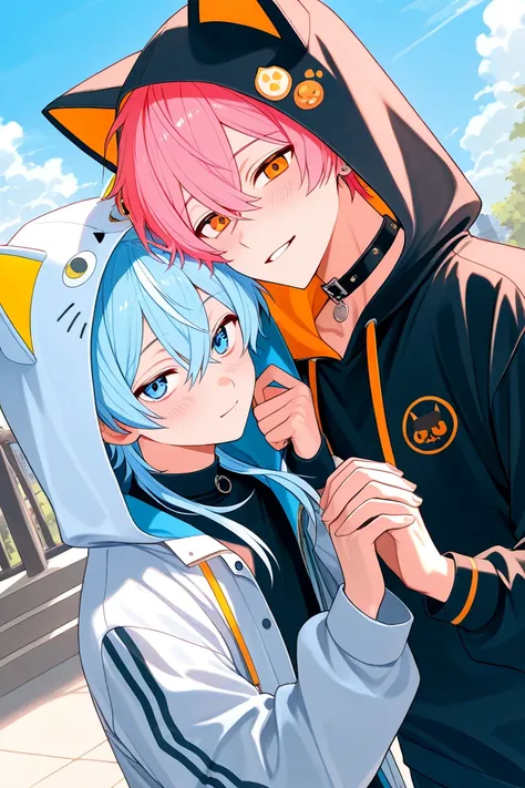 Two boys and a couple cute pink hair and light blue hair cat ear hood
