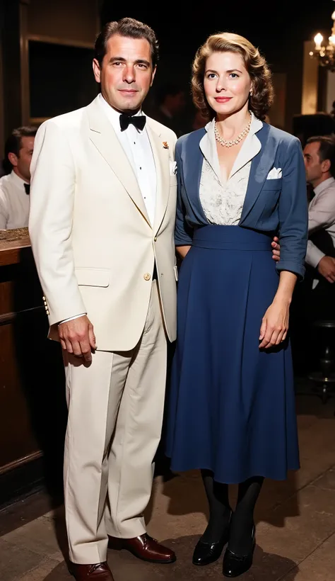  Front view, 1 male and 1 female ,standing, looking front camera, 1 dandy male, Humphrey DeForest Bogart,  (short brown hair, smile), (white shirt and black bow tie, Ｗhite Jacket, White pant, brown shoes) , 1 beautiful female Ingrid Bergman, (Golden classi...