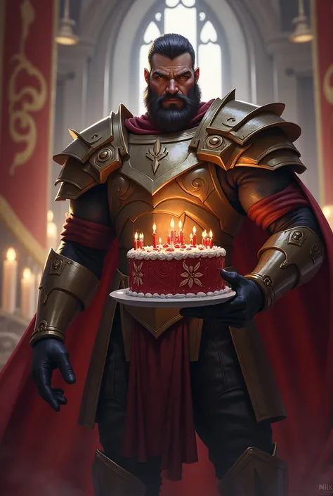 Darius from LOL holding a birthday cake 