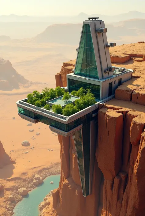 A science fiction outpost made out of concrete and glass with a square greenhouse in the center of it located on cliff. Set in a desert landscape with an oasis down below 