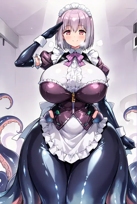 (Shinjou-Akane,long sleeves,elbow gloves,black latex,Scylla,tentacle girl,maid),(,in heat,blush,smile,close mouth,heavy breathing,solo,),(gigantic huge busty,big hips,glamorous,tight-fitting,looking viewer,),(standing at attention,arms at sides,front view,...