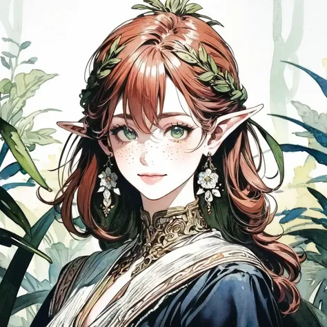 (watercolor: 1.2), elf princess, flower, freckles, fringe, red-haired,   long hair,  green eyes,  hair between the eyes, flower earrings, full body, sentado em um tronco no meio da floweresta,   smiling, quite delicate ,  blurred background,  high resoluti...