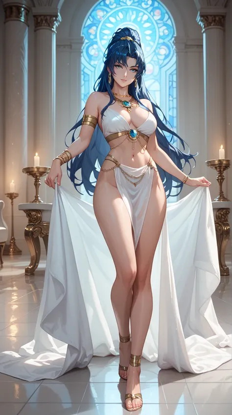 Sexy leona heidern,  blue eyes,  Long hair ,  dark blue hair, wearing a very sexy white Greek outfit, Greek jewelry, In the throne room of an emperor,  at night, Standing on the floor,  legs together , In a real tub,