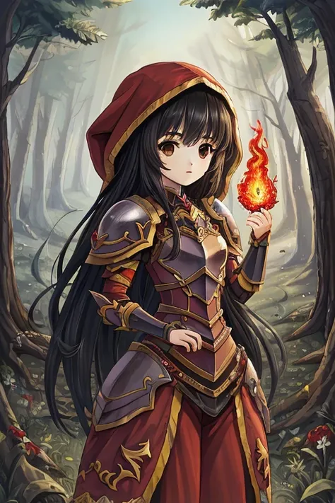  top quality,   super high resolution、(( girl))、 semi-long black hair, brown eyes, Little Red Riding Hood, red and white costume that looks like armor、Desolate Forest ,Uses fire magic