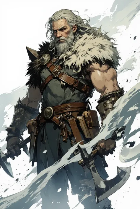  A male character , base viking ,  long gray hair loose in the wind  ,  defined abdomen  , combat pants  ,  wolf skin tied around the waist  ,  holding two war axes in his hands  , Snow spot Lines of movement,  motion blur , Lines of action, 