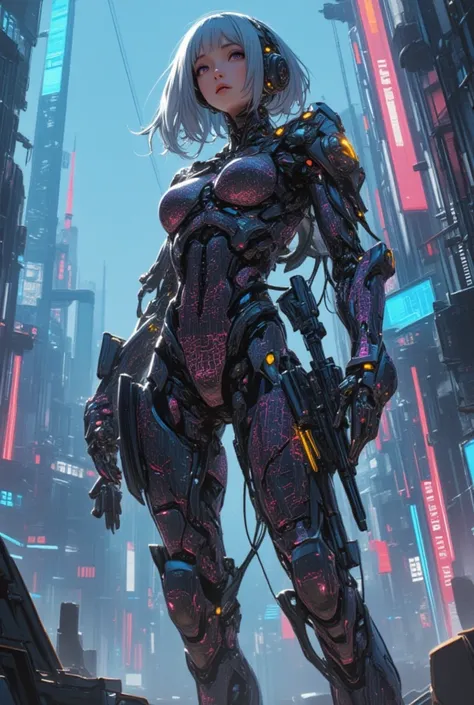 Cyberpunk Gaga: Design a futuristic, robotic outfit for Lady Gaga, incorporating elements of circuit boards, neon lights, and metallic textures. Consider the functionality of the outfit – what purpose does it serve in this cyberpunk world? Showcase the des...