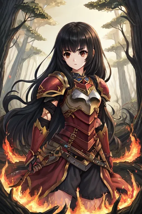  top quality,   ultra high resolution、(( girl))、 semi-long black hair, brown eyes, Little Red Riding Hood, red and white costume that looks like armor、Desolate Forest ,Uses fire magic