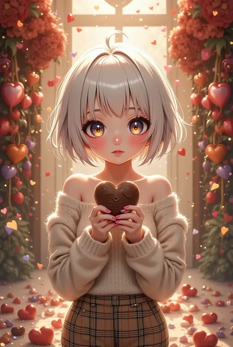 from above. 
ultra detailed, absolutely resolution, masterpiece. 
cute woman, white glossy silky high layered very short cut, captivating sparking eyes, lewd shy beauty expression, lewd great body proportion, wearing fluffy brushed sweater, loose Burberry ...