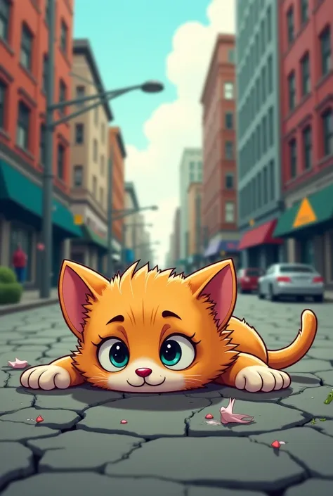 A kitten lying on the side of the street, starving,  in cartoon