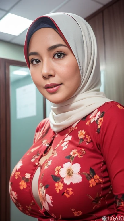 52 years Old, Hijab Indonesian mature woman, Large Breast : 97.9, Tight red Gamis Floral Pattern, white hijab, Breast about To burst out, at doctor Office, Dark light, at Nighttime