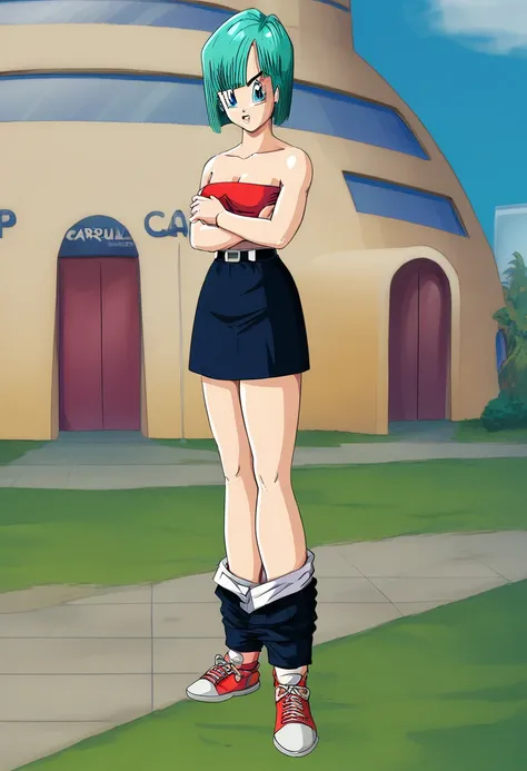 Bulma, cabello corto, aquamarine hair, bob cut style .,  water colored hair ,  Bangs ,  blue eyes, attire, From Saga de los Androides ,  strapless red shirt ,  Pleated black skirt,  bare shoulders, cowboy grip ,  looking sideways , serious guy.  Full Body,...