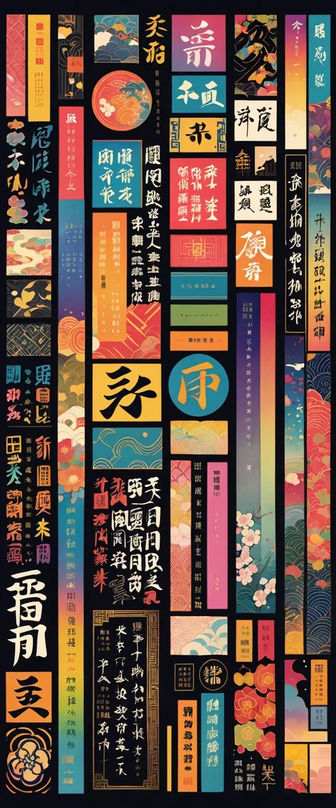 ( Masterpiece, top quality, very detailed,8k wallpaper),抽象的な色のついた Chinese characters,rainbow letters on a black background, geometric pattern , lively, sharp, straight,  small vertical text,Old document cover,日本語の Chinese charactersの同義語,日本語の Chinese charac...