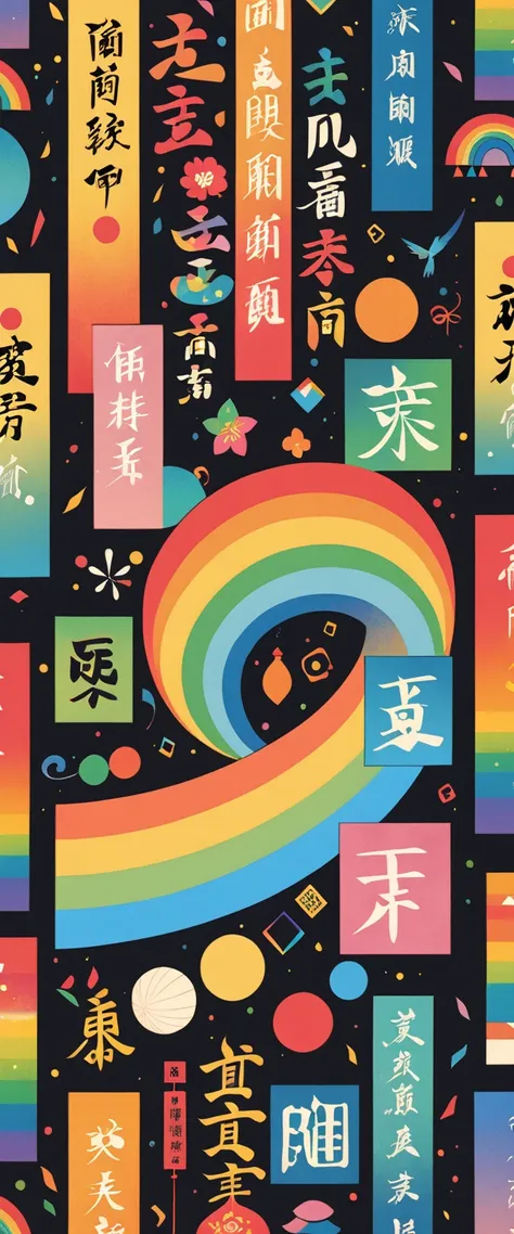 ( Masterpiece, top quality, very detailed,8k wallpaper),抽象的な色のついた Chinese characters,rainbow letters on a black background, geometric pattern , lively, sharp, straight,  small vertical text,Old document cover,日本語の Chinese charactersの同義語,日本語の Chinese charac...