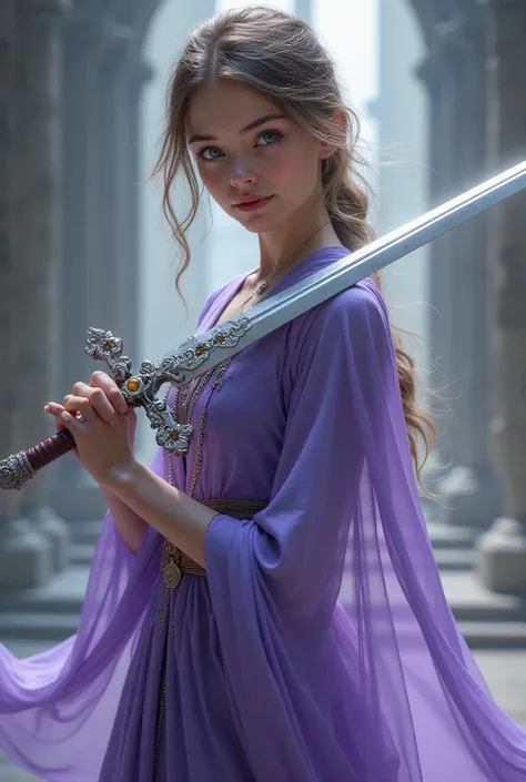 A 17-year-old girl,  light blue eyes,  fair skin ,  light brown hair, wearing purple , clothes with a thin and sharp silver sword